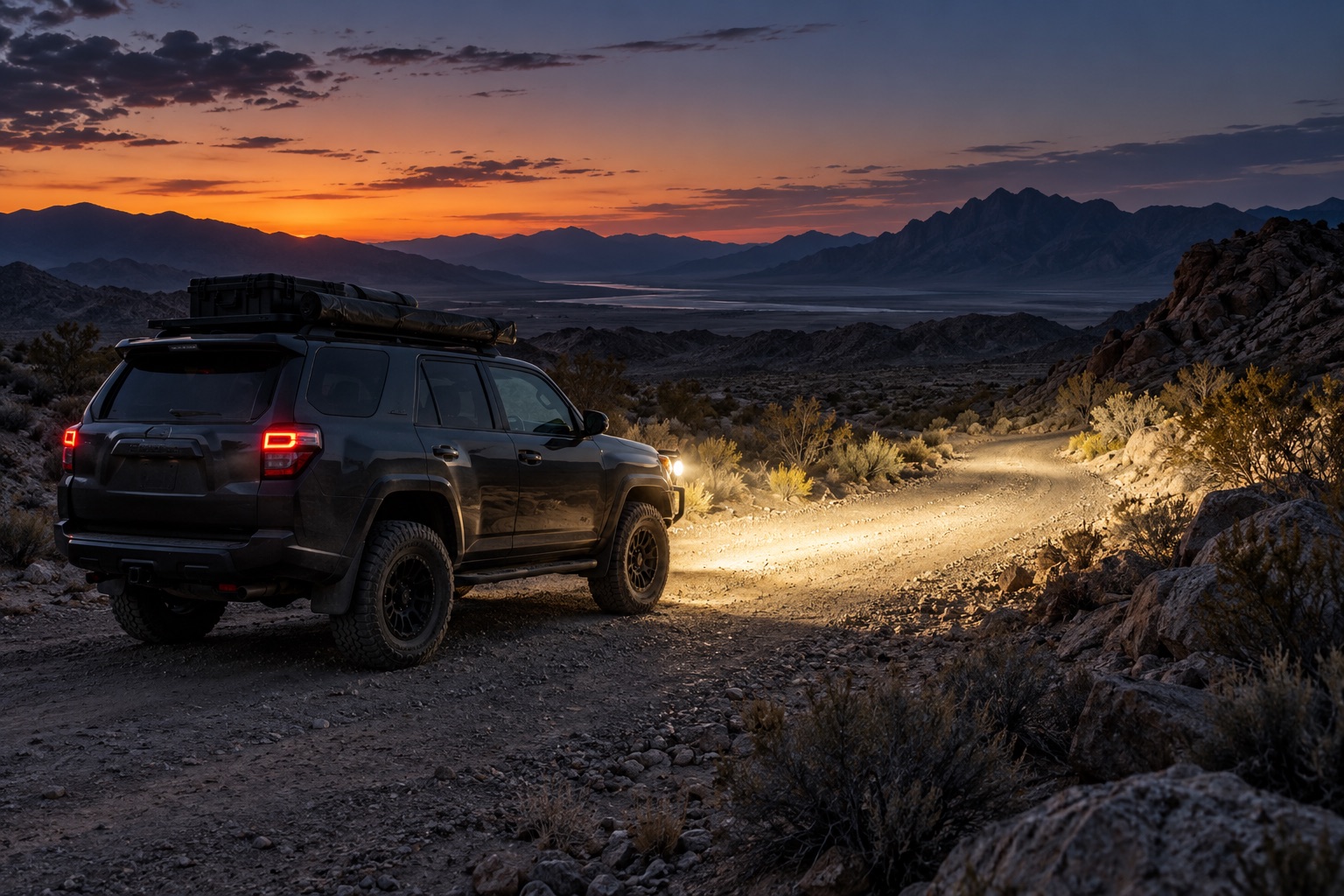 An adventure vehicle lighting the road through a mountain desert at dusk