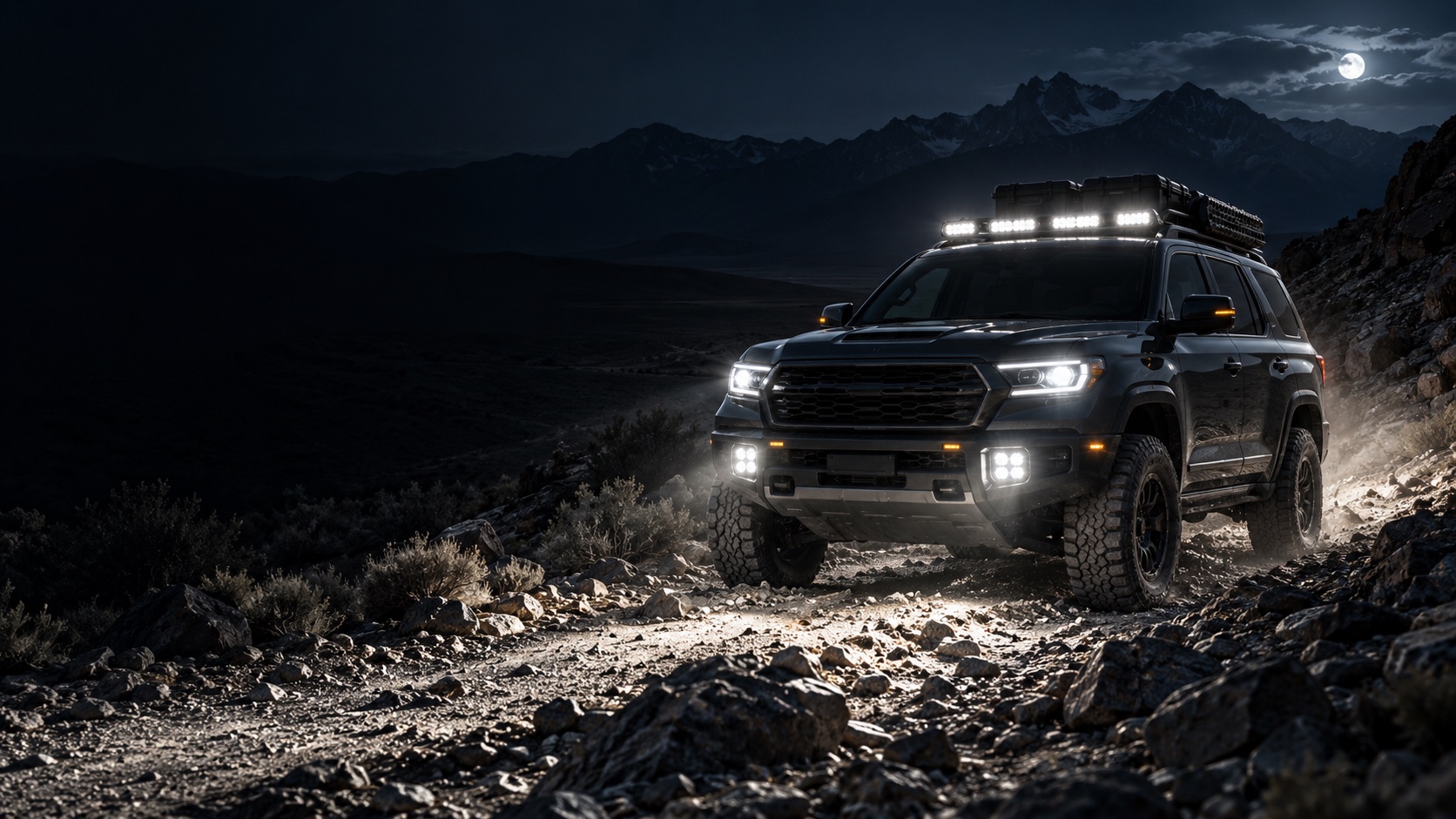 Auxiliary vehicle lighting on a remote road after dark